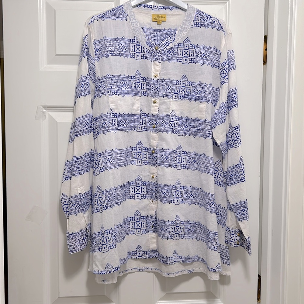 Roberta Roller Rabbit White Button-Down Shirt with Blue Tile Print